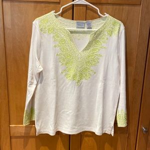 Never worn great white 3/4 sleeve top with bright lite green embroidery.